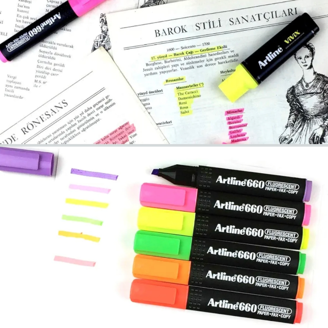 Artline EK-660黃色及紅色螢光筆學生辦公室文具