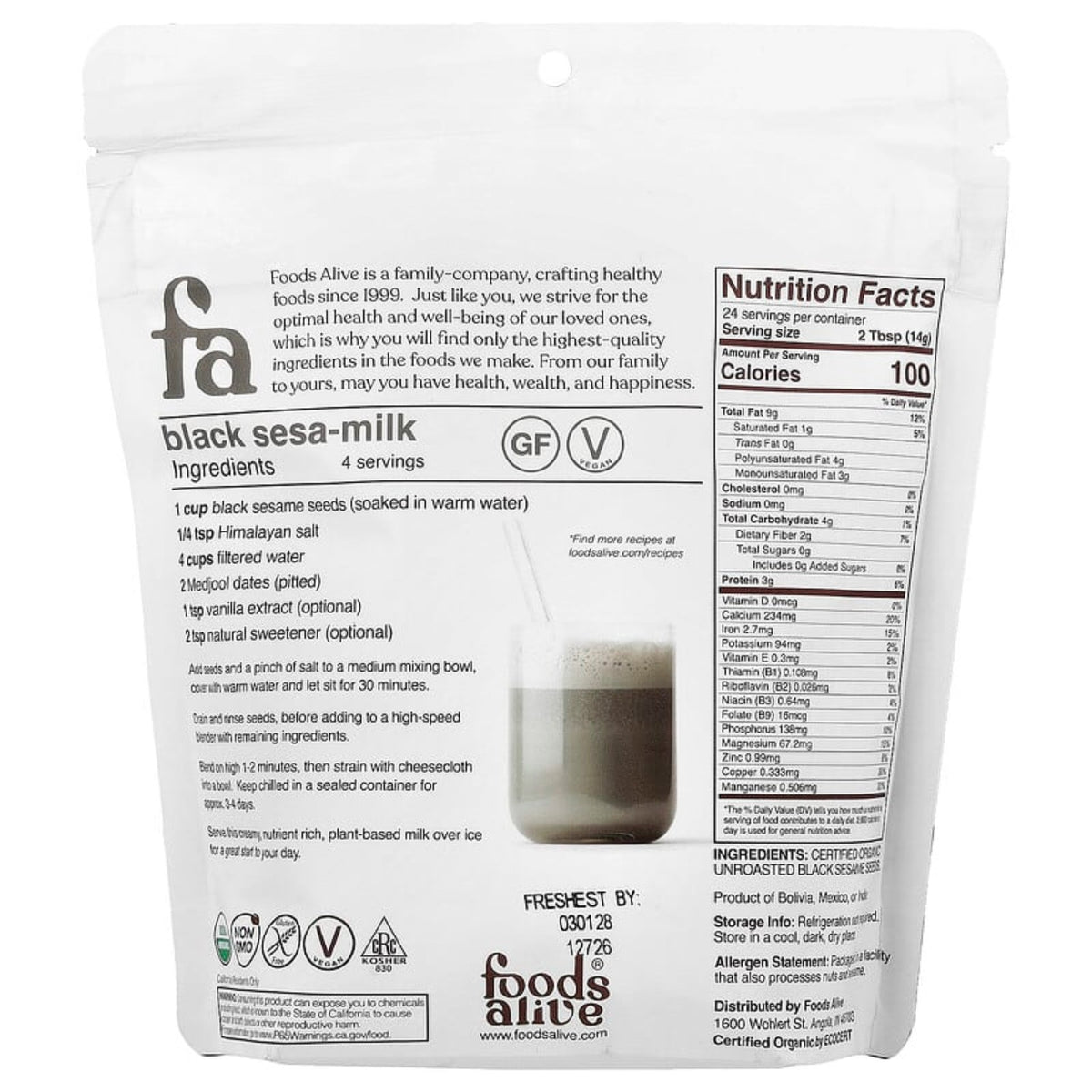 Food Alive Organic Black Sesame Seed｜有機黑芝麻包裝｜無添加糖

