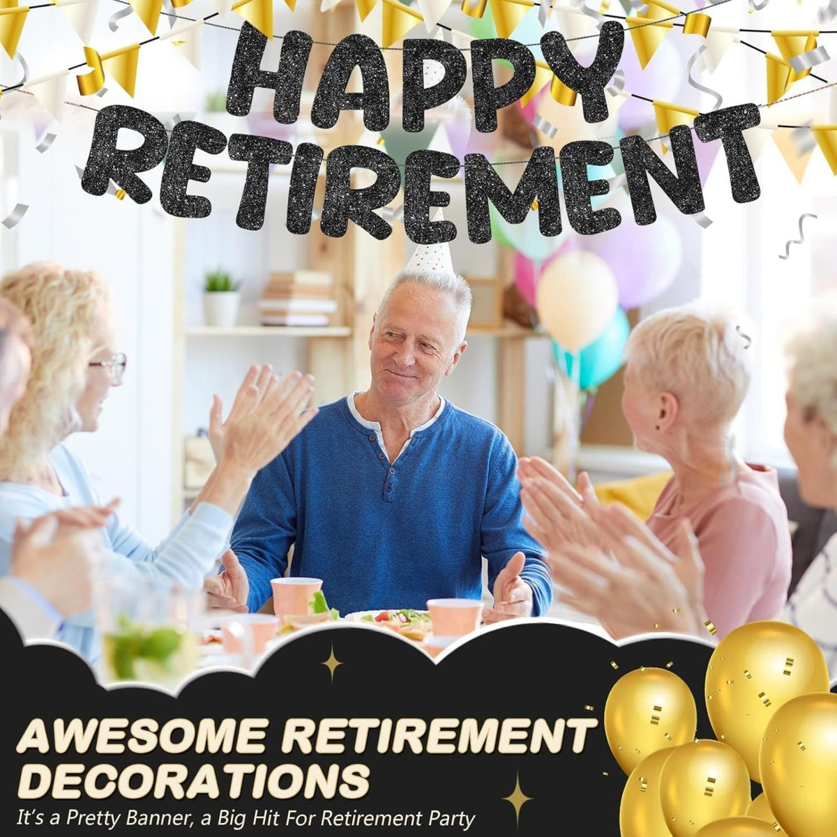 Happy Retirement banner｜退休派對佈置｜藍色閃面橫額