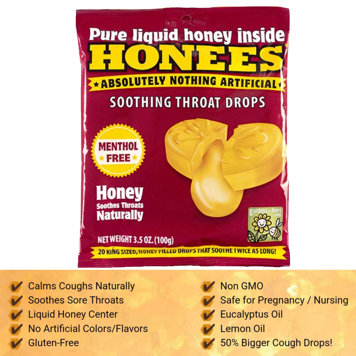 HONEES 蜂蜜夾心潤喉糖20粒｜天然止咳喉糖｜無薄荷蜜糖味
