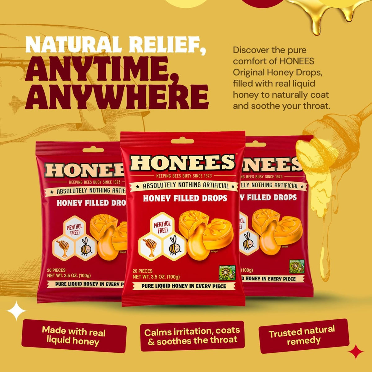 HONEES 無薄荷天然蜂蜜喉糖｜Original Honey Drops｜液體蜂蜜夾心
