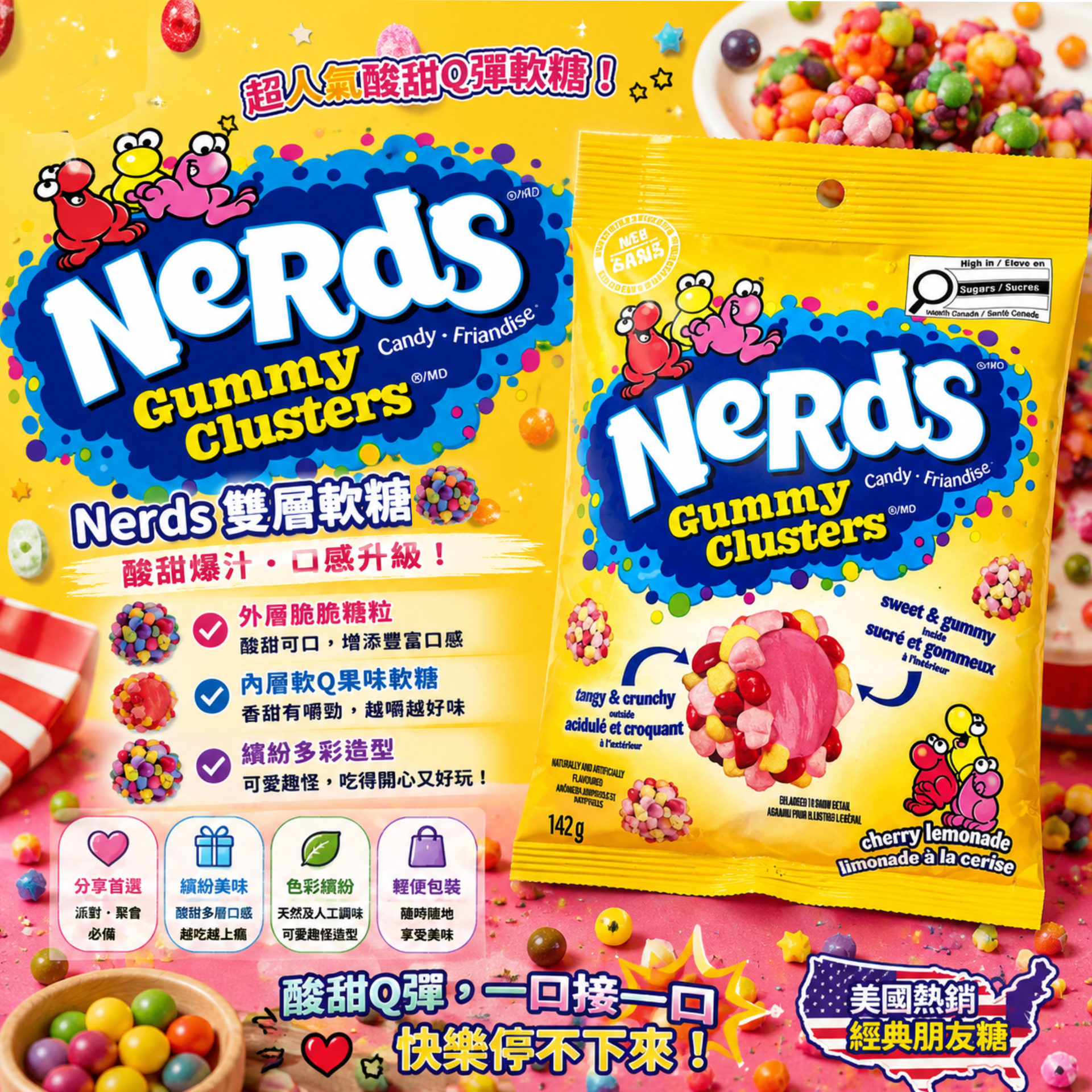 NERDS Gummy Clusters Cherry Lemonade櫻桃檸檬味脆脆軟糖142g 美國糖果