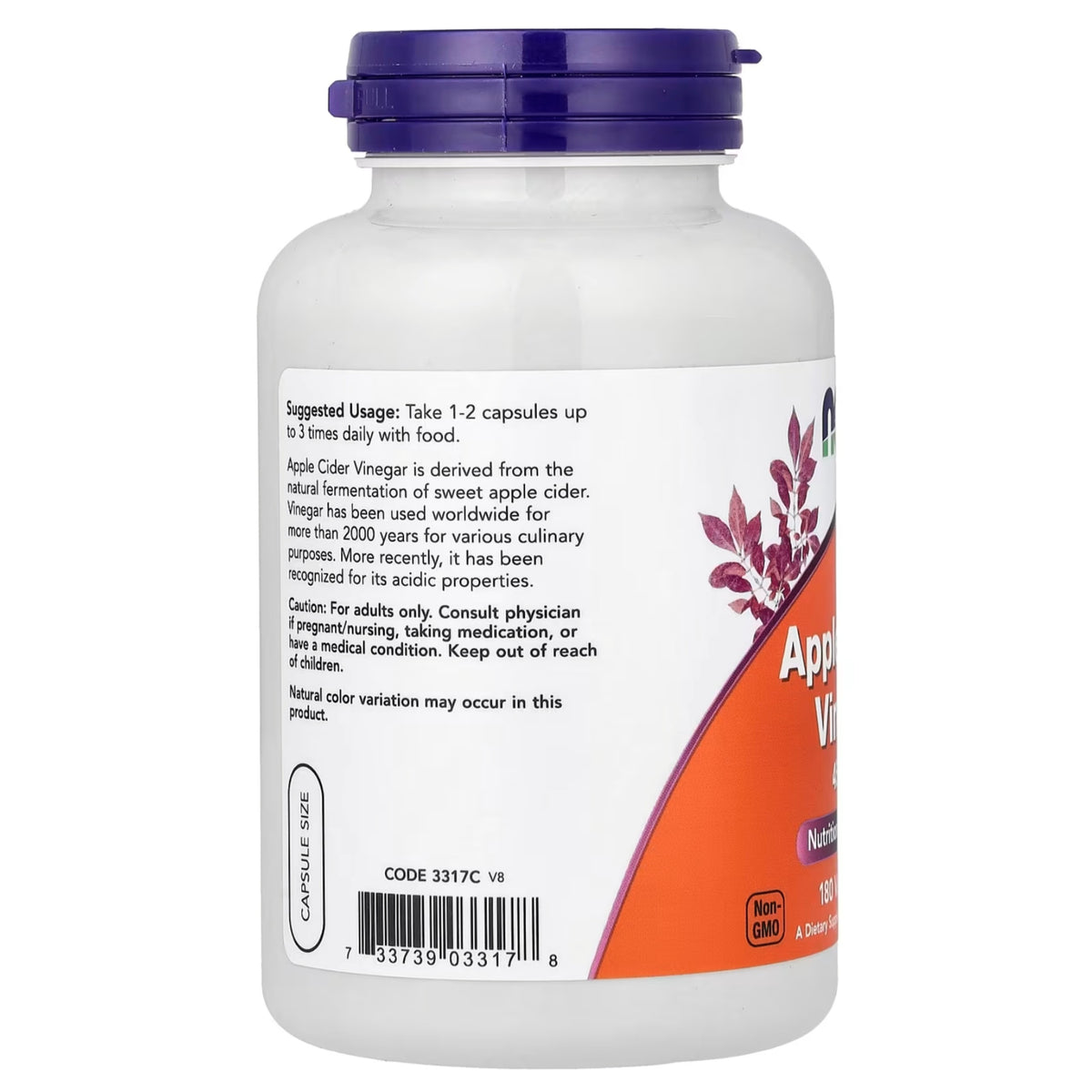 NOW Foods Apple Cider Vinegar 450mg 180粒素食膠囊側面產品圖
