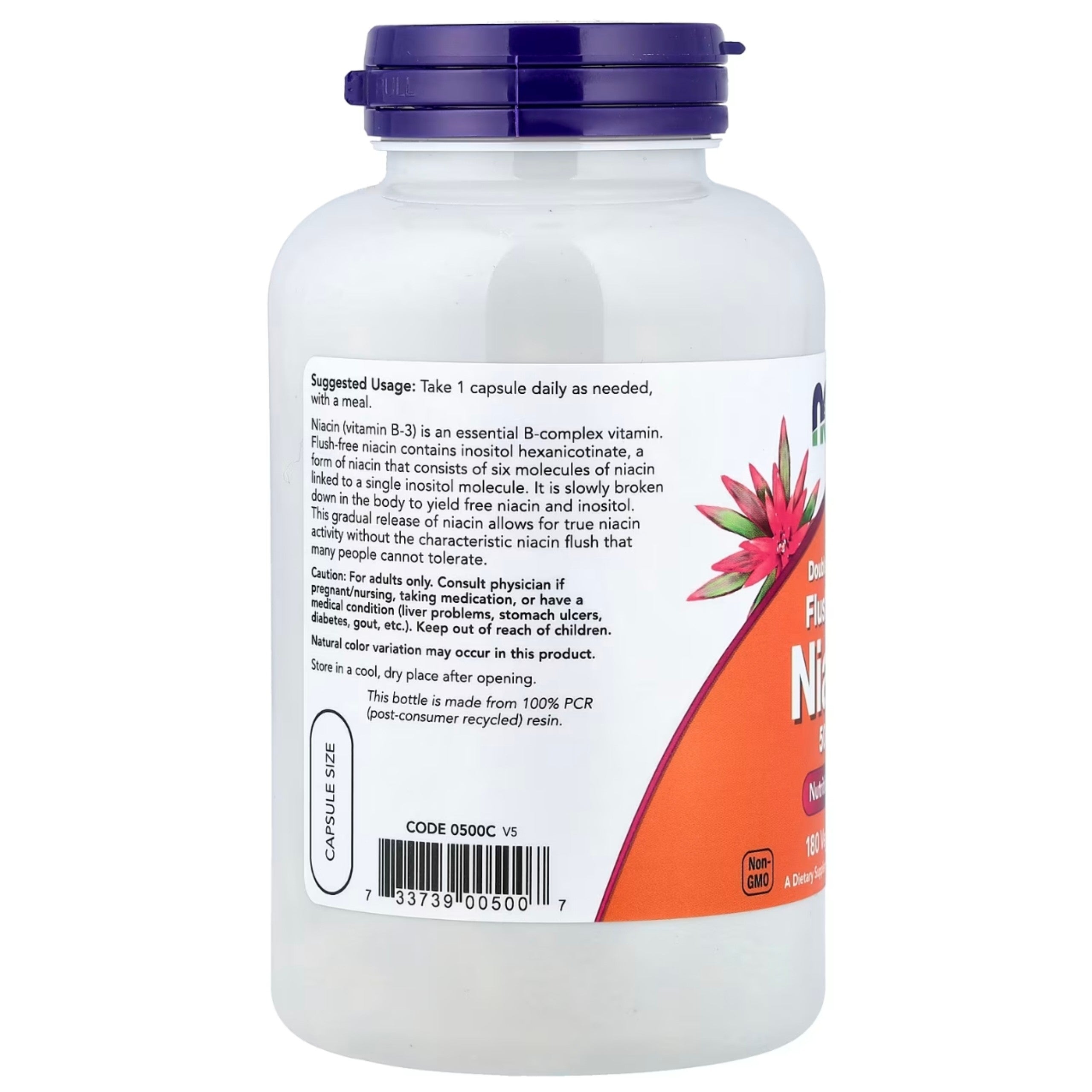NOW Foods Flush-Free Niacin 500mg 成分及食用方法產品標籤

