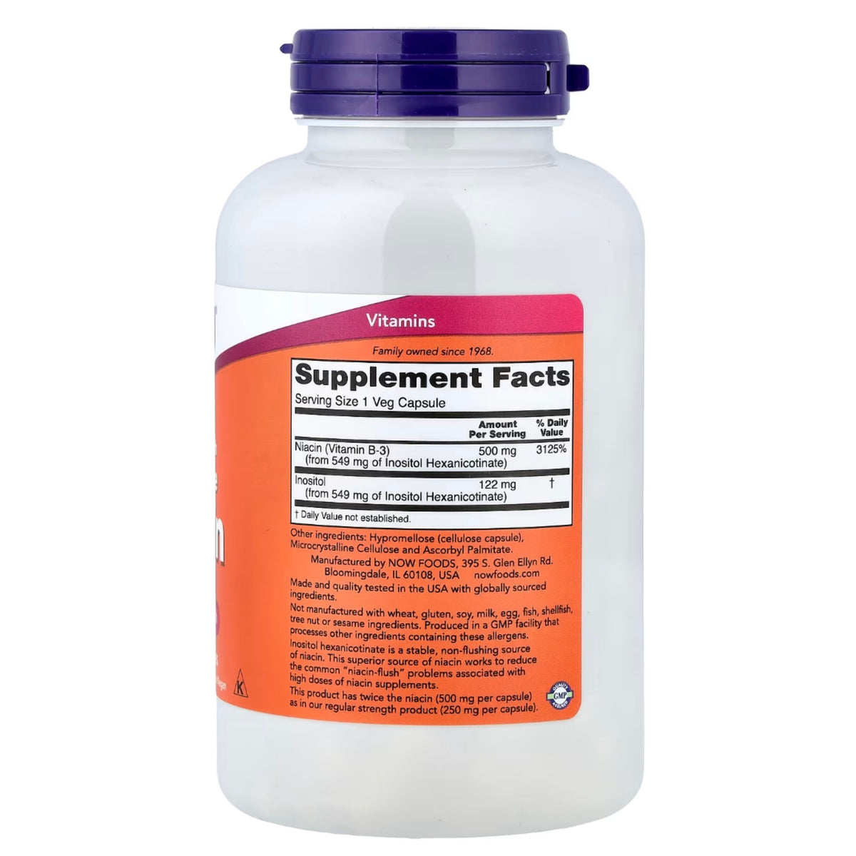 NOW Foods 煙酸 Niacin 500mg 180粒營養補充品背面及營養資料
