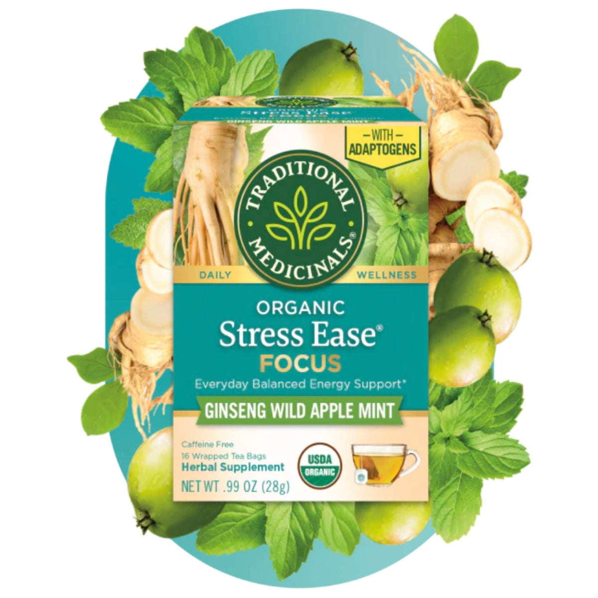 Traditional Medicinals Organic Stress Ease Focus 有機專注活力花茶人參野蘋果綠薄荷無咖啡因16包
