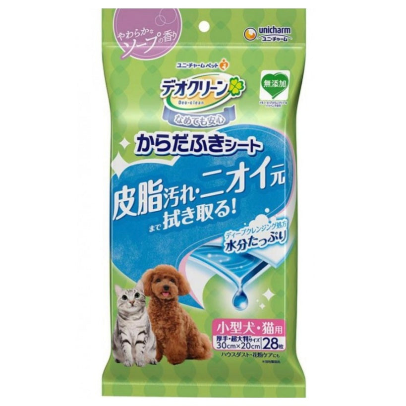 Unicharm貓狗用寵物濕紙巾28枚無酒精厚身