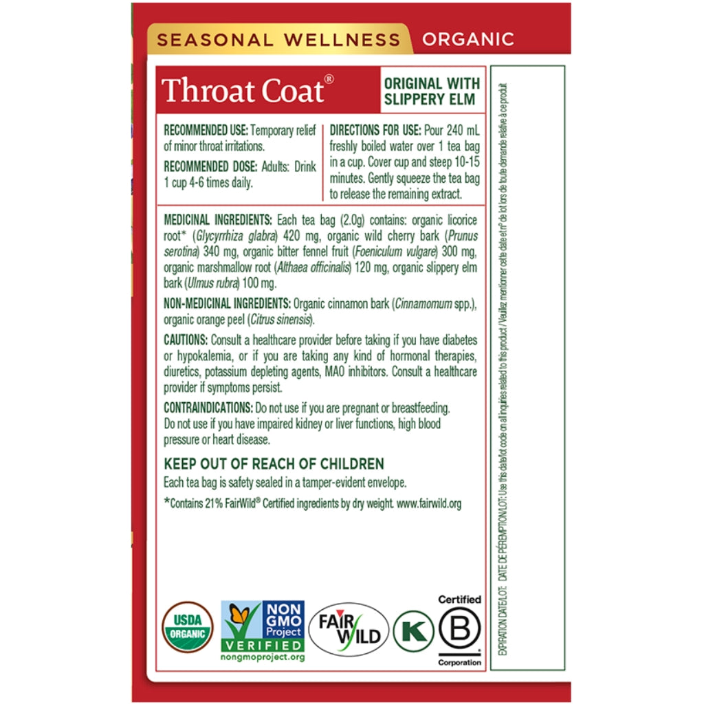 Traditional Medicinals 有機,無咖啡因,草本精華花果茶- 舒緩喉嚨不適 (16包獨立裝)