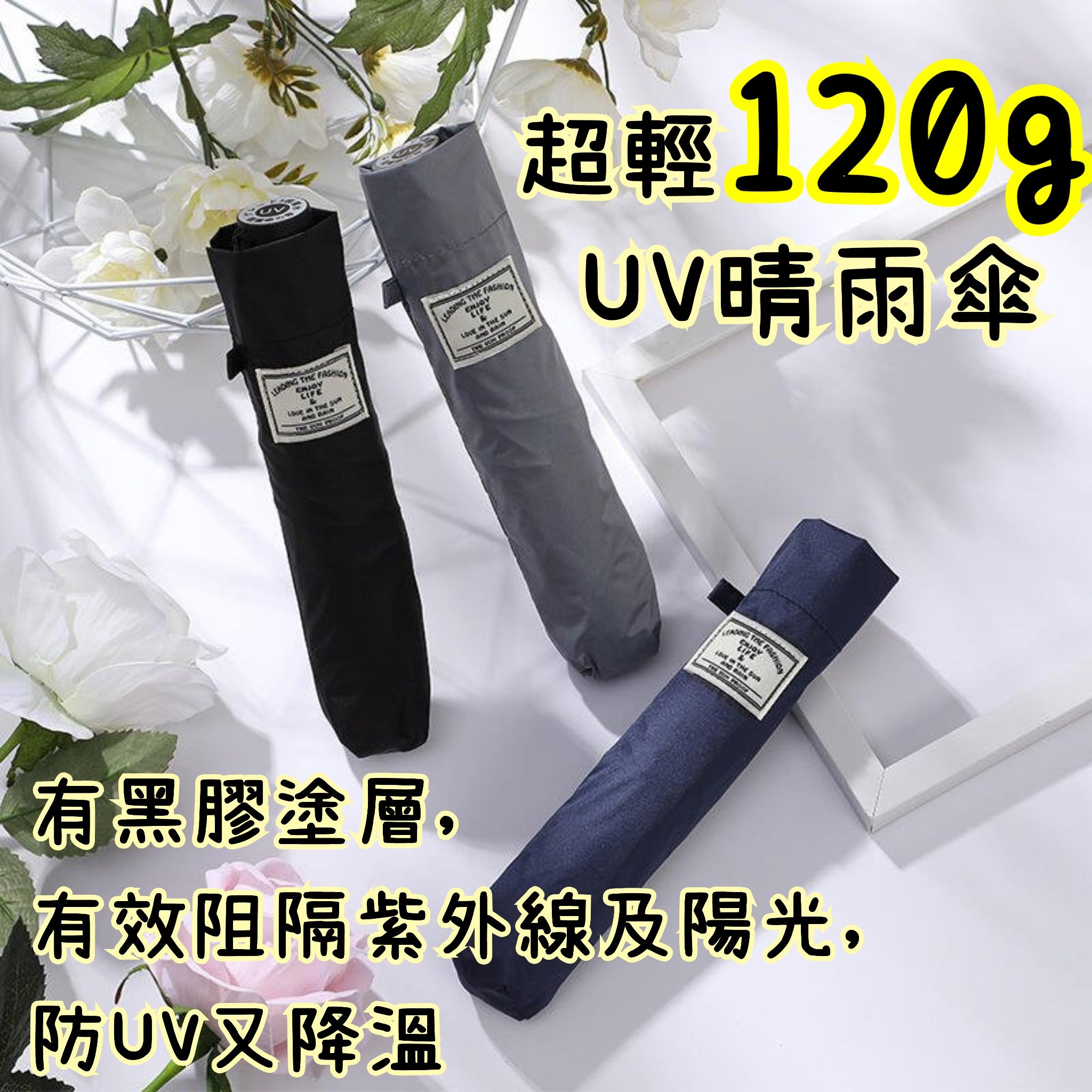 超輕120g UV零透光防反摺疊晴雨傘,不沾水布